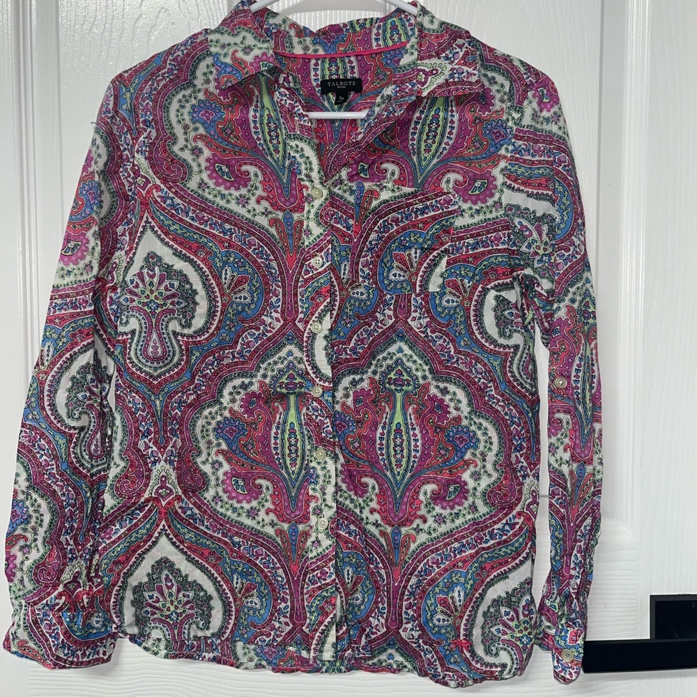 Talbots Petites Women's Button Front Shirt Size SP Pink Paisley Long Sleeve